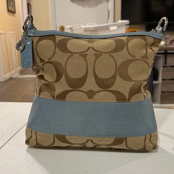 Coach Signature C Tan & Blue Striped Canvas and Leather Shoulder Bag and Wallet - Picture 5 of 17